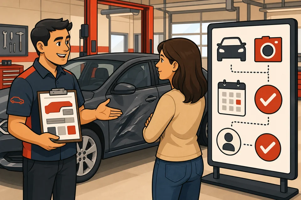 Auto Body Shops trust-builder illustration for estimate requests stay obvious.