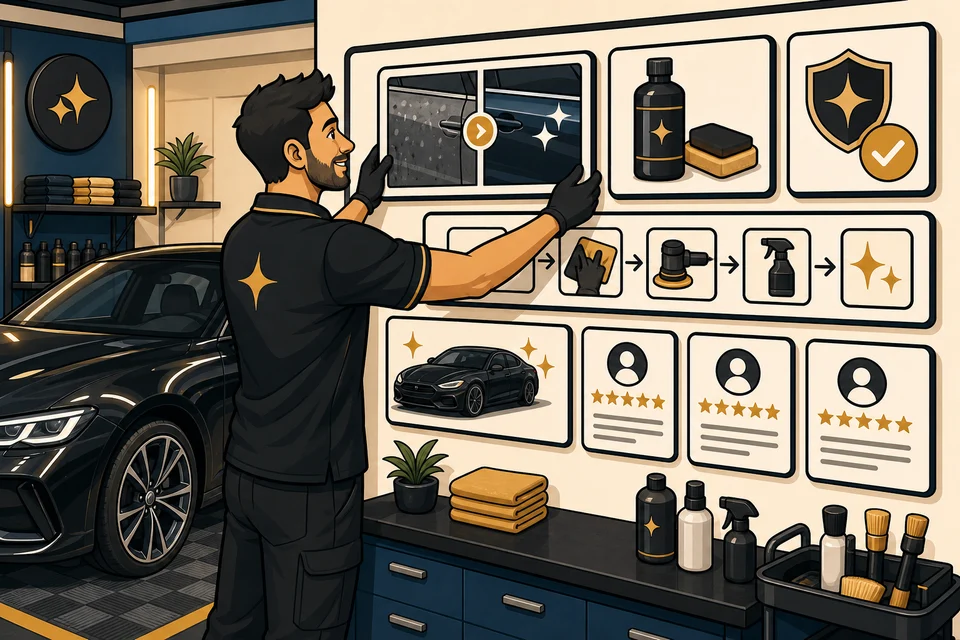 Auto Detailers trust-builder illustration for proof appears before hesitation.