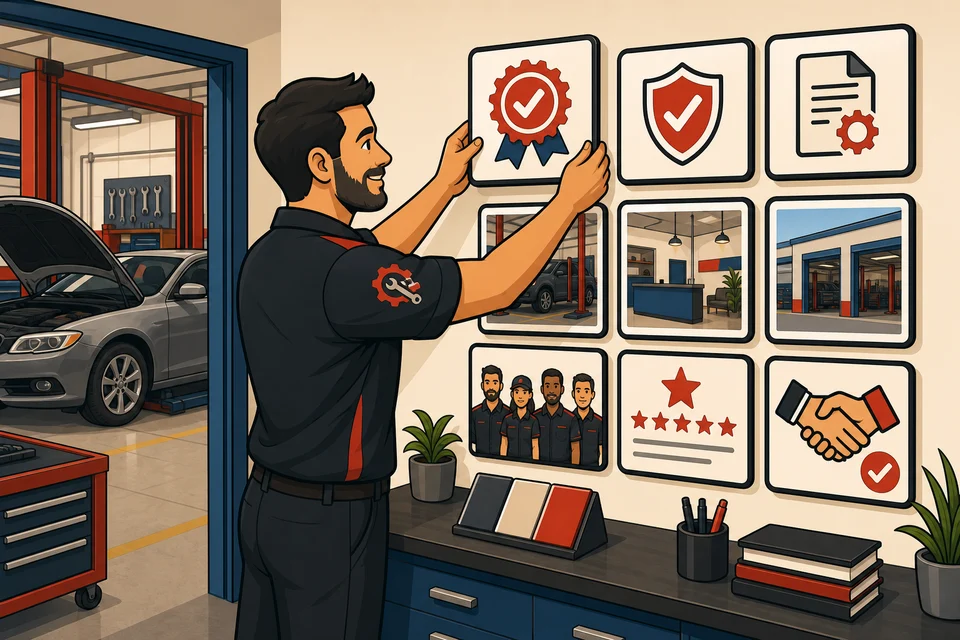 Auto Repair Shops trust-builder illustration for proof appears before hesitation.