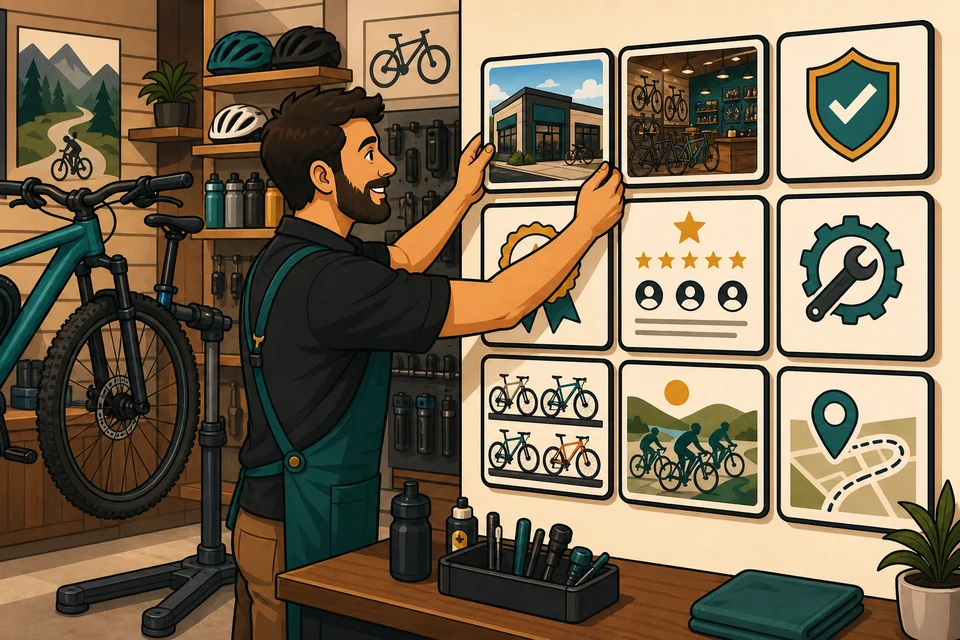 Bike Shop trust-builder illustration for proof appears before hesitation.