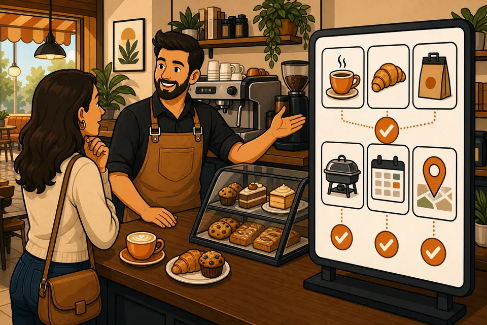 Cafes & Coffee Shops trust-builder illustration for visits, orders, and catering requests stay obvious.