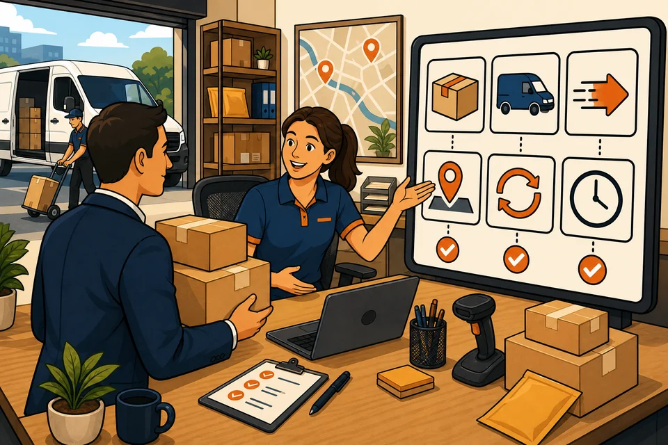 Courier & Delivery Services trust-builder illustration for quote and dispatch requests stay obvious.