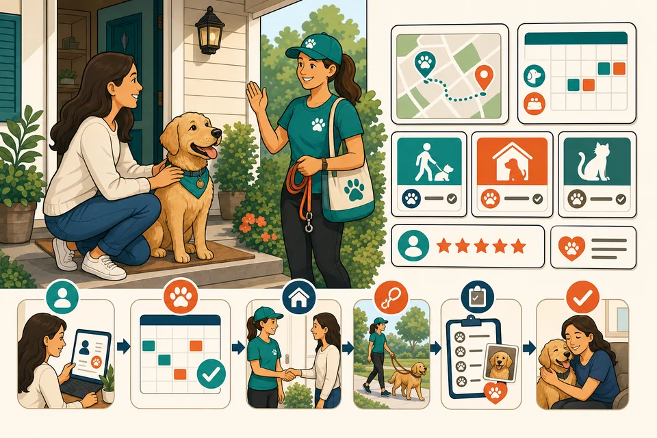 Dog Walkers & Pet Sitters trust-builder illustration for booking and meet-and-greet requests stay obvious.