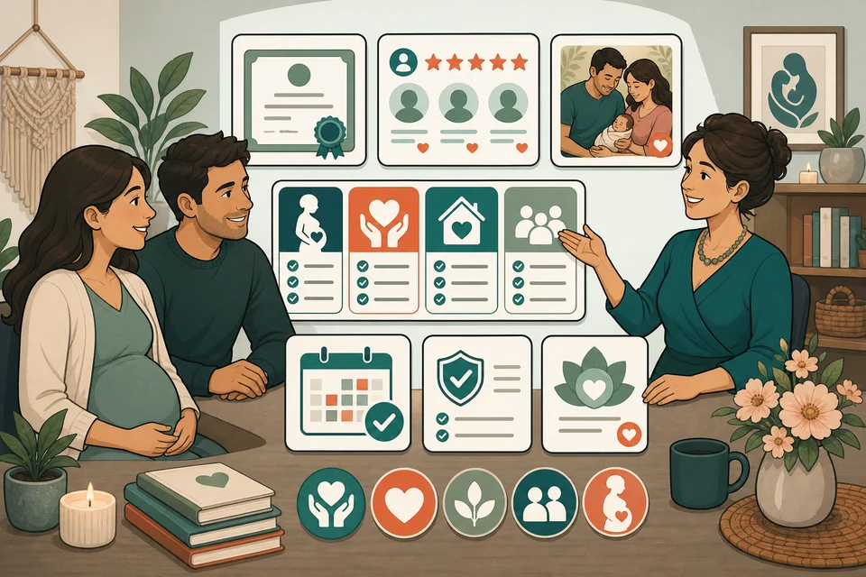Doula & Midwife trust-builder illustration for proof appears before hesitation.