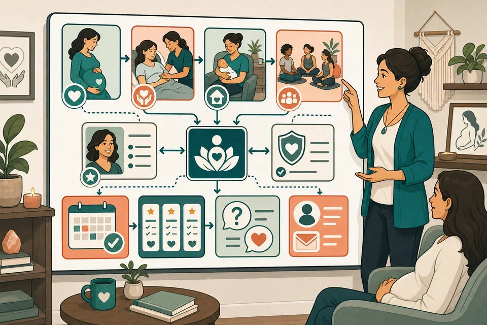 Doula & Midwife trust-builder illustration for every major offer has a path.