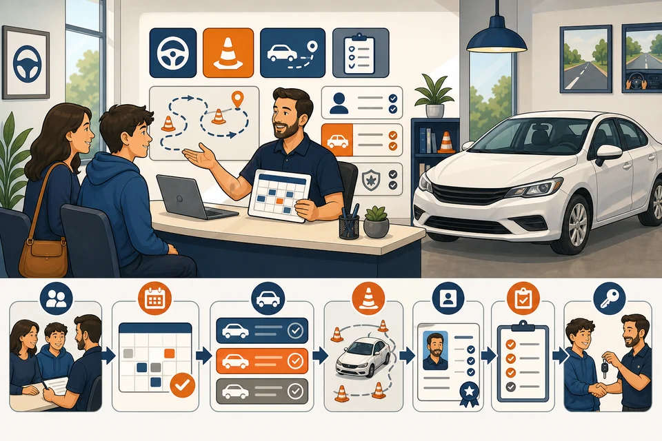 Driving Schools trust-builder illustration for lesson and enrollment requests stay obvious.