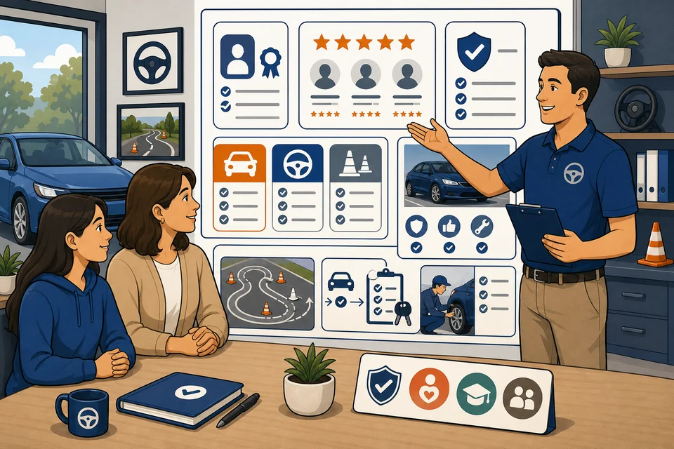 Driving Schools trust-builder illustration for proof appears before hesitation.