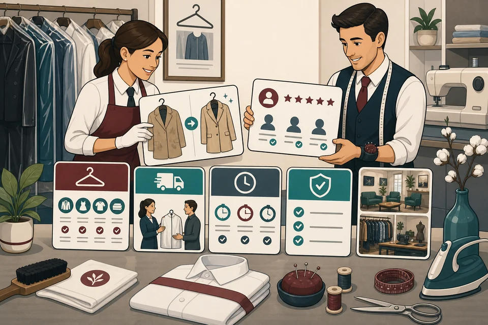 Dry Cleaning & Tailoring trust-builder illustration for proof appears before hesitation.