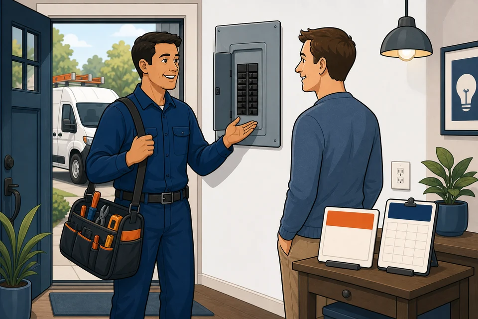 Electricians trust-builder illustration for urgent calls and estimate requests stay obvious.