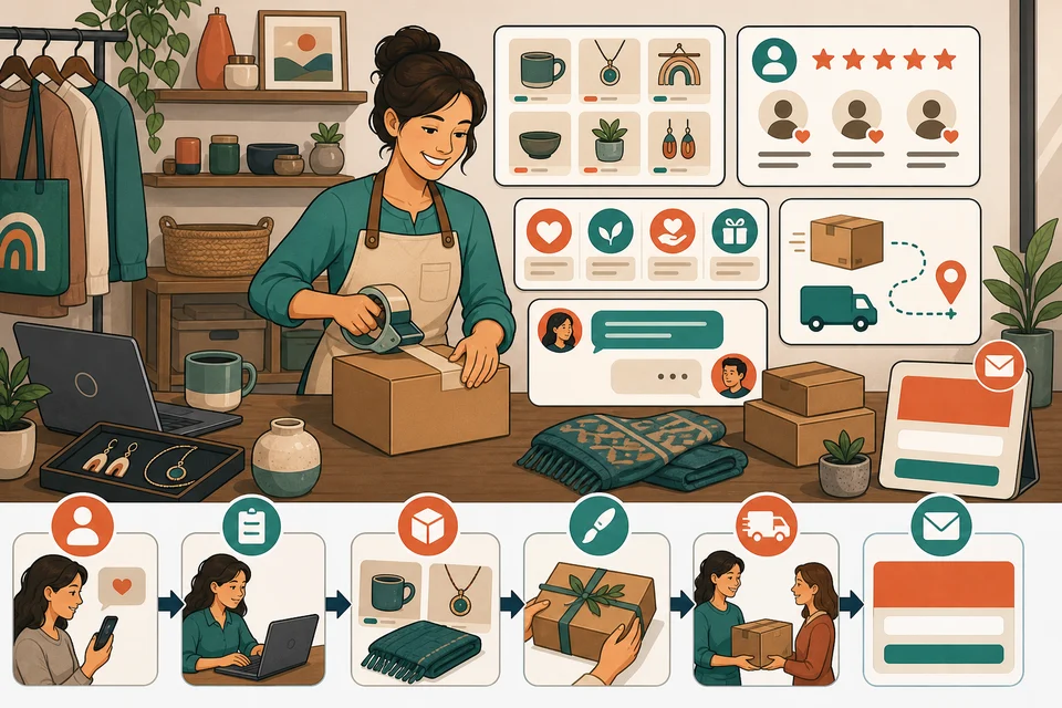 Etsy Sellers trust-builder illustration for sales and email/customer inquiries stay obvious.