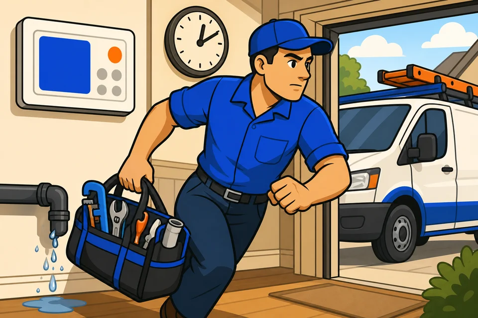 Plumber leaving for an urgent service call with tool bag, service van, dispatch panel, and leaking pipe.