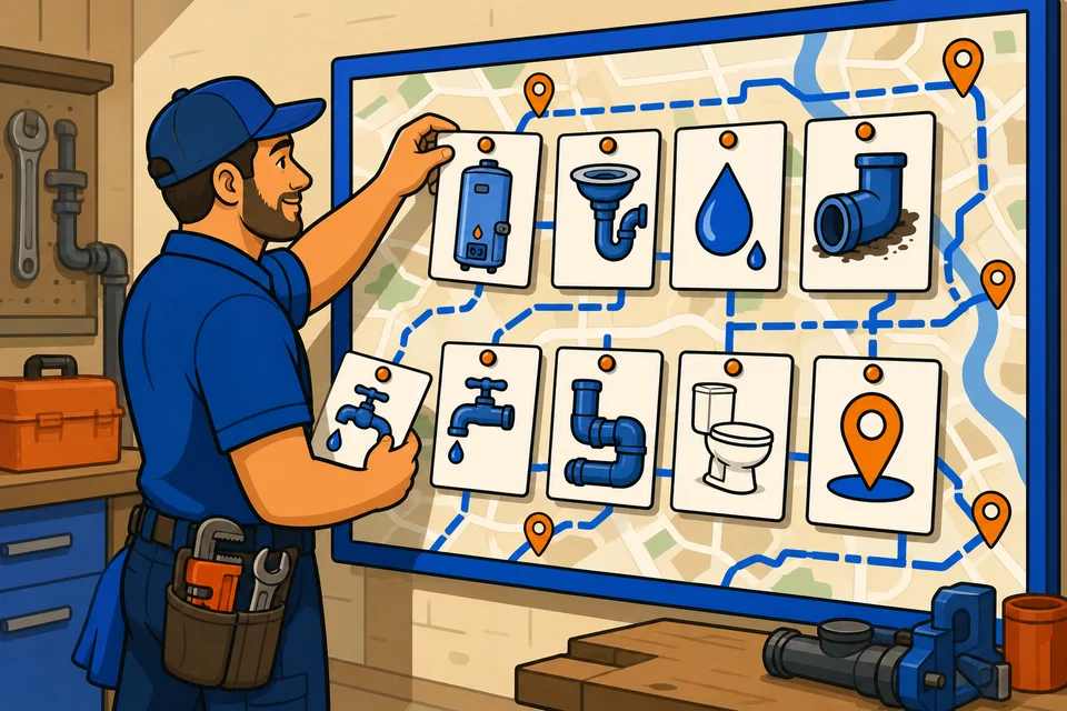 Plumber organizing service cards and service-area map for water heaters, drains, leaks, sewer, and fixtures.